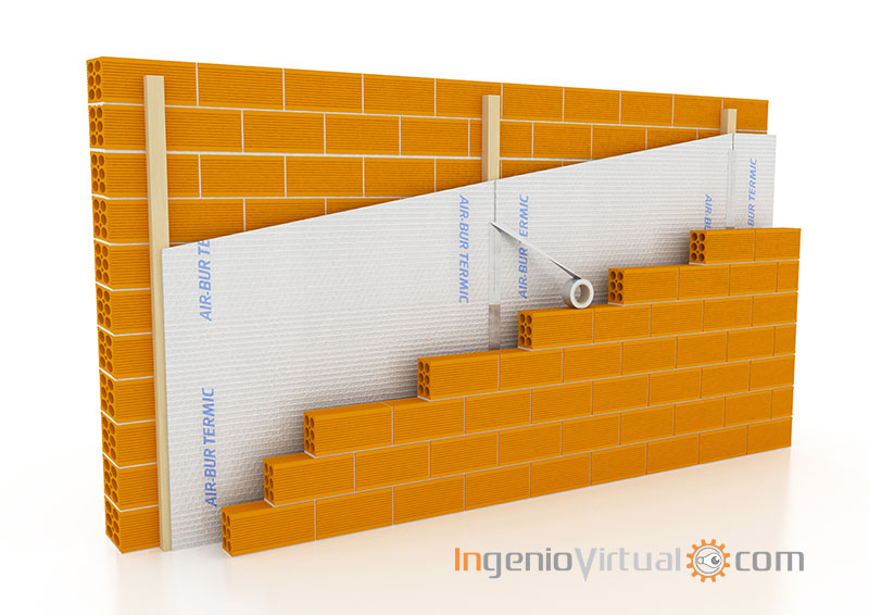 Infografía 3D de tabique doble con aislante colocado