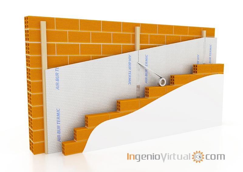 Infografía 3D de tabique doble y aislante incluyendo capa de enlucido