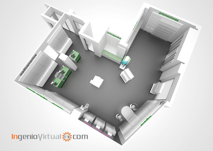 Infografía 3D para proyecto farmacia - Vista aérea