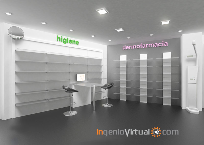 Infografía 3D para proyecto de farmacia - Vista zona de paso