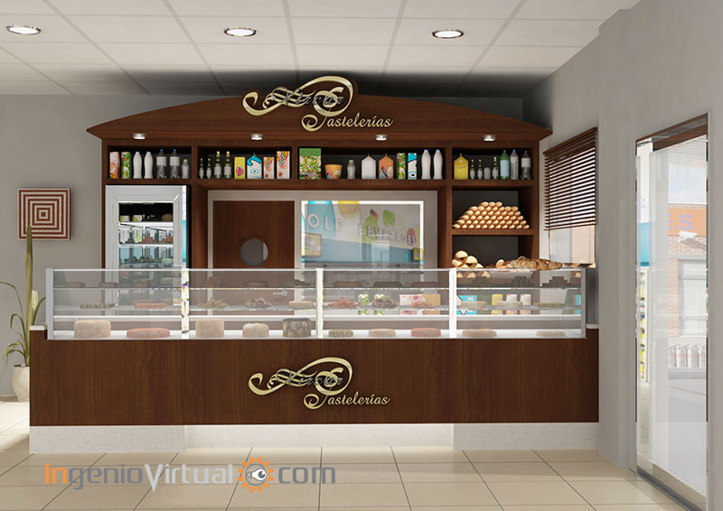 Infografía 3D de panadería y pastelería en estación de servicio - Vista mostrador