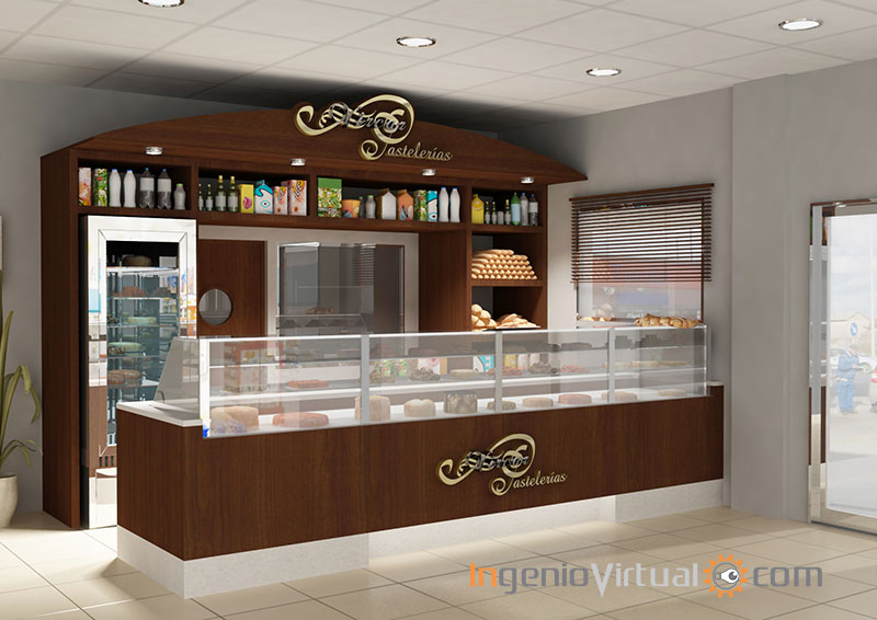 Infografía 3D de panadería y pastelería en estación de servicio - Vista perspectiva