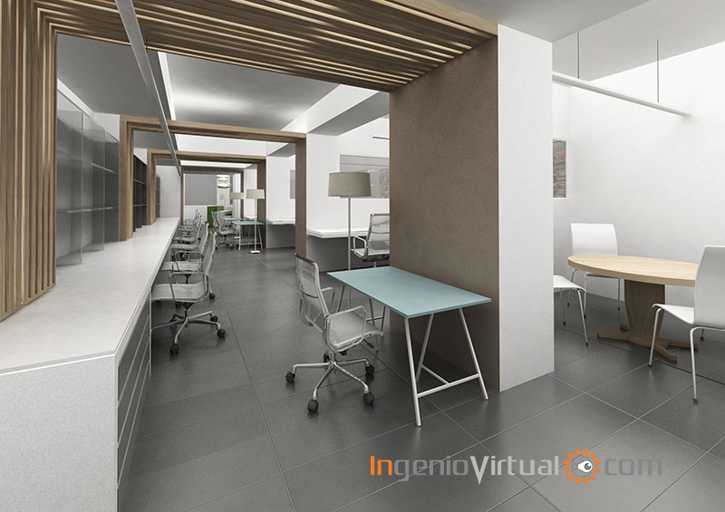 Infografía 3D para proyecto de Coworking - Vista zona de puestos de trabajo itinerantes