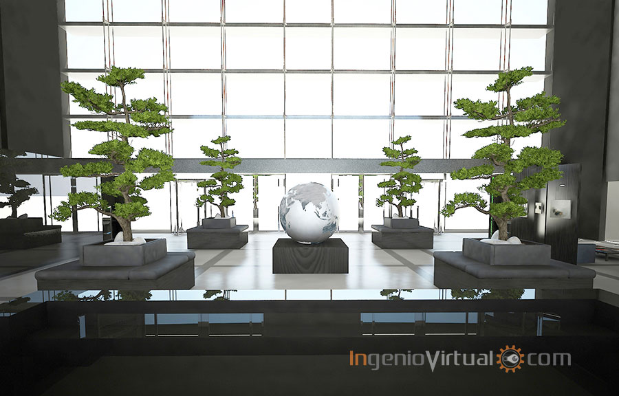 Infografía 3D para proyecto de interiorismo en Lobby - Vista desde mostrador