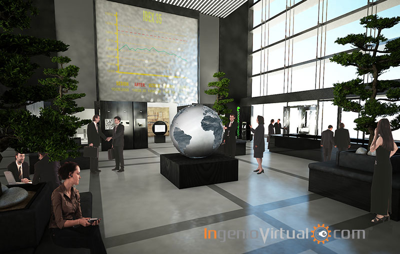 Infografía 3D para proyecto de interiorismo en Lobby - Vista zona islas