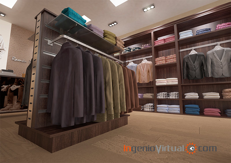 Infografía 3D para proyecto de equipamiento comercial en tienda de moda para hombre - Vista zona góndolas