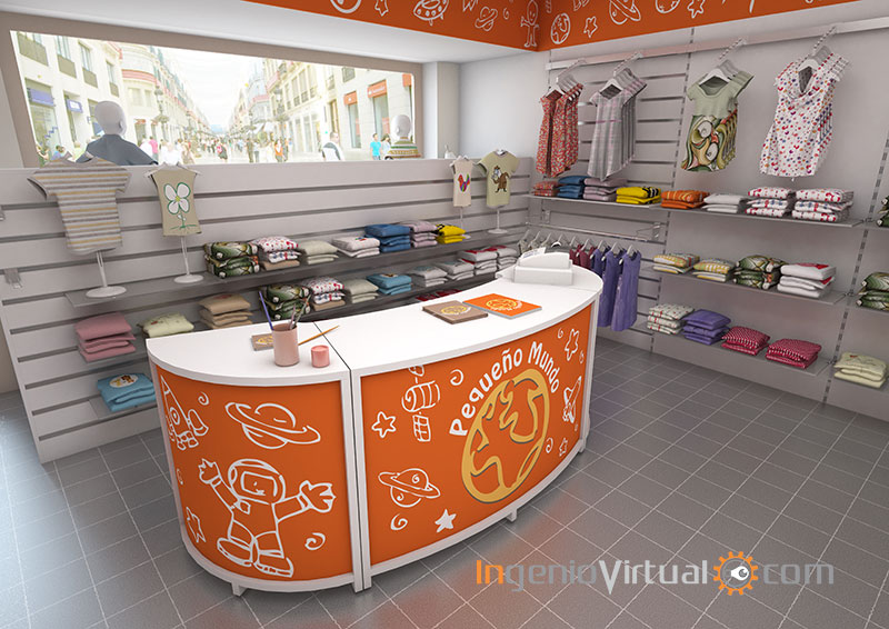 Infografía 3D para proyecto de equipamiento comercial en tienda de ropa para niños, vista del mostrador