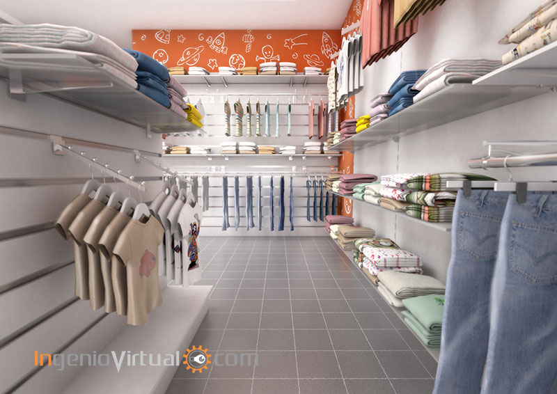 Infografía 3D para proyecto de equipamiento comercial en tienda de ropa para niños, pasillo