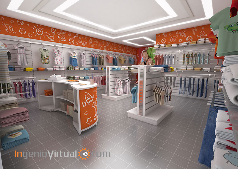 Infografía 3D para proyecto de equipamiento comercial en tienda de ropa para niños, vista desde entrada