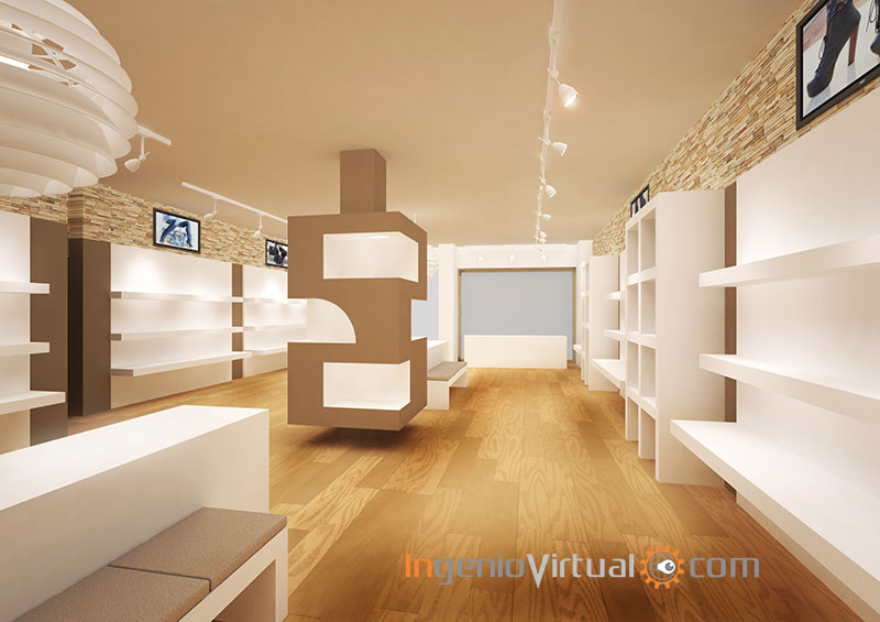 Infografía 3D para tienda de zapatos y complementos - Vista interior