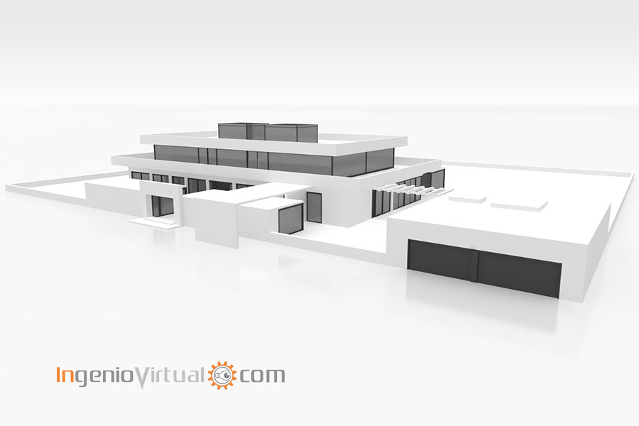 Volumetría 3D de vivienda unifamiliar moderna - Perspectiva 1