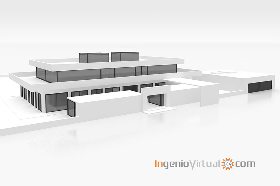 Vista principal de infografía 3D para proyecto de vivienda unifamiliar moderna