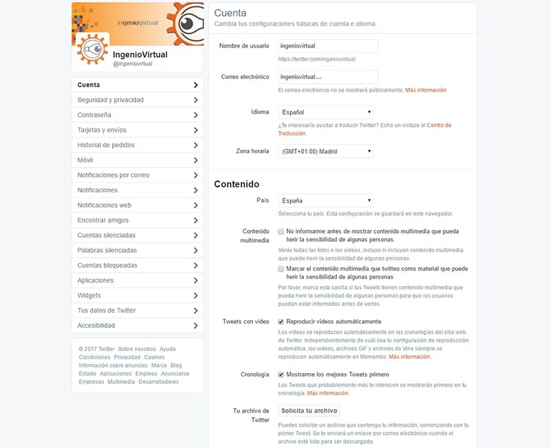 Configuración cuenta Twitter