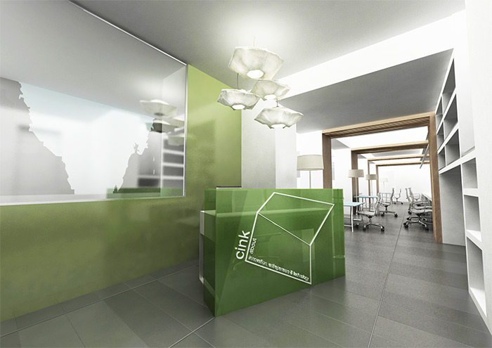 Infografía 3D recepción Coworking