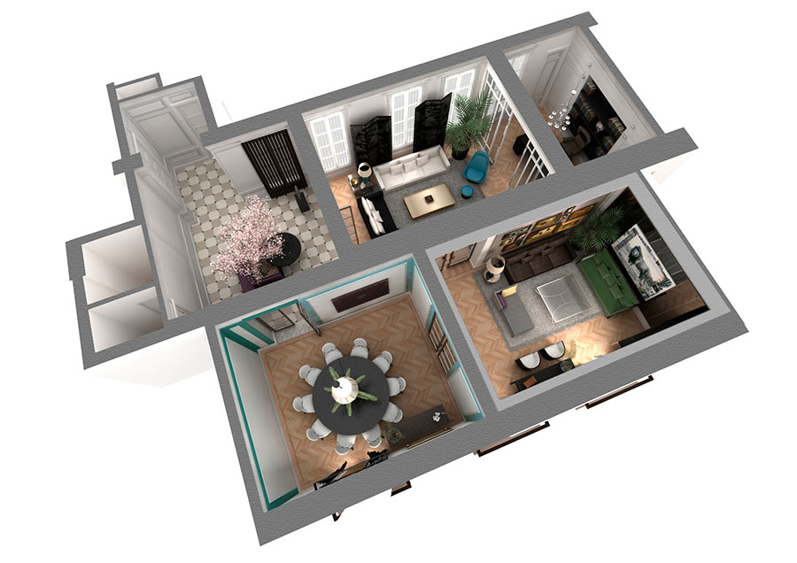 Infografía 3D de vista aérea en corte realizada para proyecto de interiorismo en vivienda de lujo
