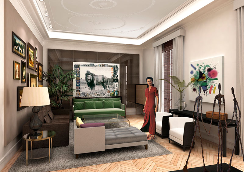 Infografía 3D de salón para proyecto de interiorismo en vivienda de lujo