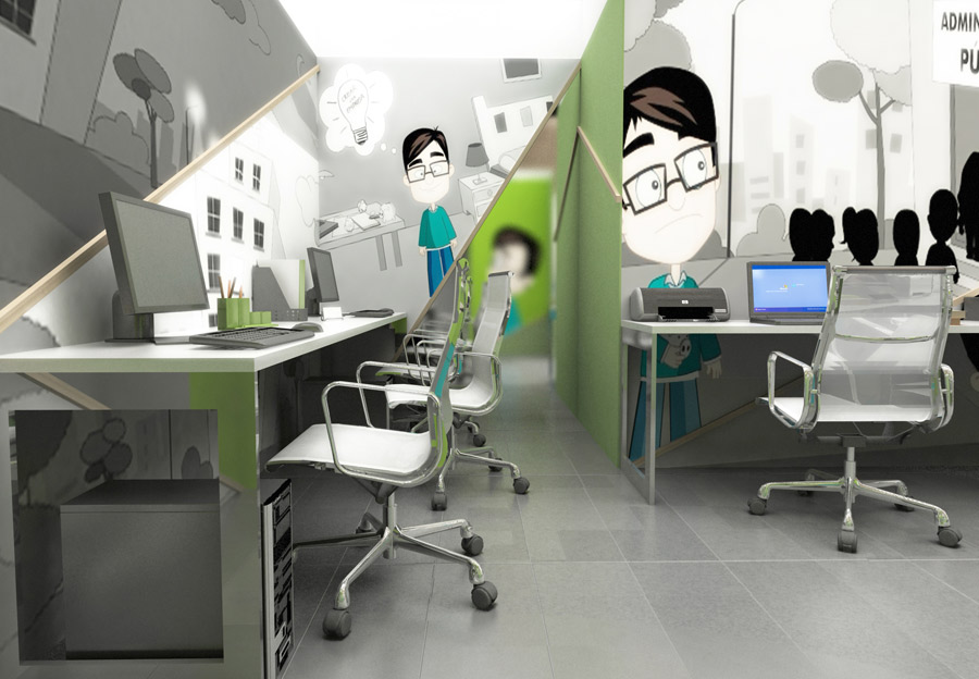 infografia-coworking-cink-3 Infografía de vista para zona de trabajo con puestos fijos.